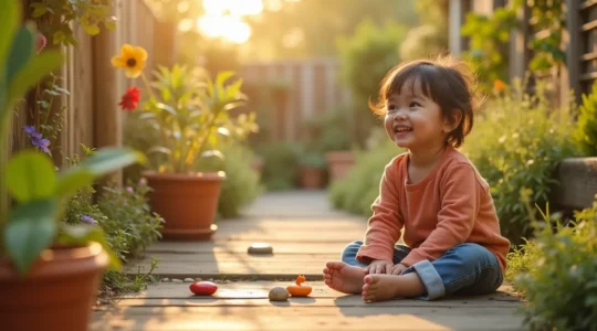 Un enfant jouant dans un jardin naturel avec des éléments ludiques et sensoriels autour, évoquant l'apprentissage par le jeu en plein air