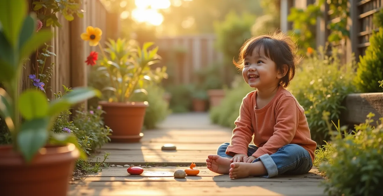 Un enfant jouant dans un jardin naturel avec des éléments ludiques et sensoriels autour, évoquant l'apprentissage par le jeu en plein air