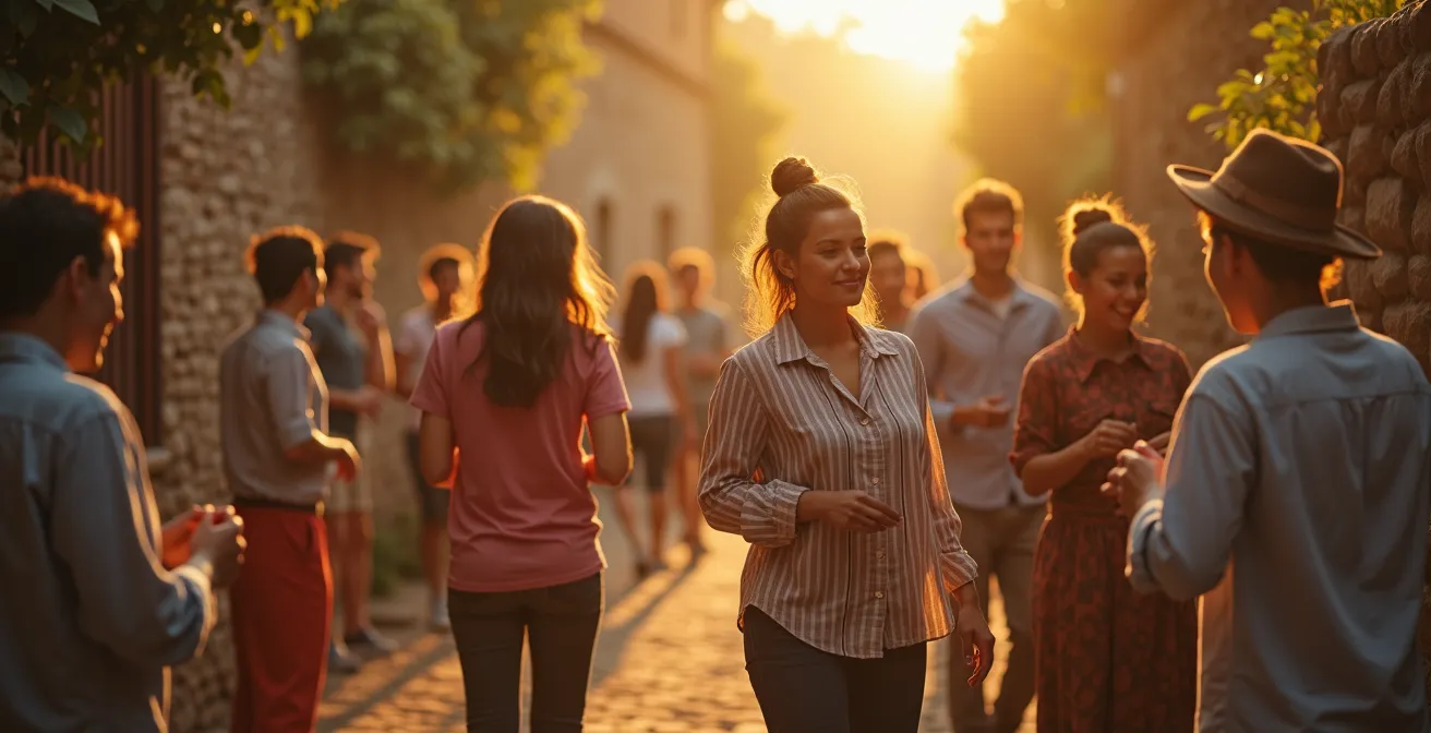 Personnes de différents âges et origines découvrant et participant activement à la restauration, la danse traditionnelle et la généalogie locale