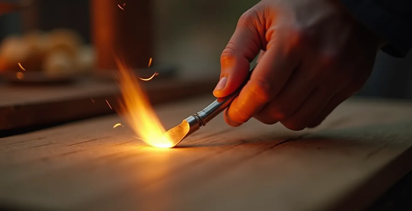 Image représentant un pyrograveur en action sur une planche de bois clair avec un doux éclat lumineux, symbolisant la maîtrise délicate du feu dans l'art de la pyrogravure