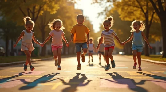 Enfants jouant à la marelle dans un parc ensoleillé, illustrant la motricité et la joie du jeu ancien