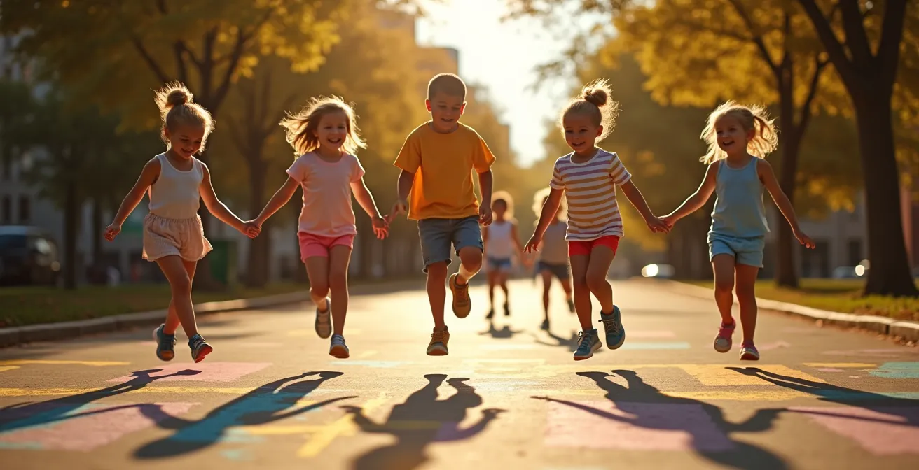 Enfants jouant à la marelle dans un parc ensoleillé, illustrant la motricité et la joie du jeu ancien
