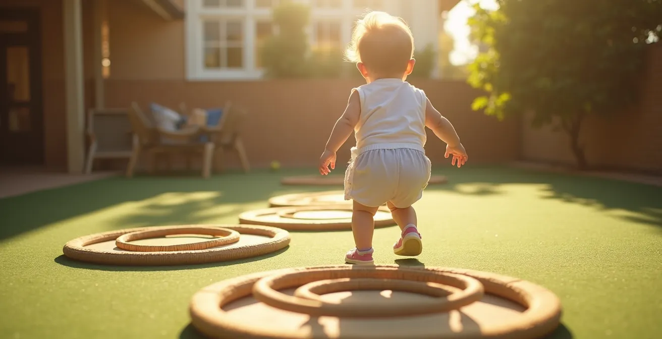 Jeune enfant sautant dans une marelle sensorielle aux textures variées avec grands cerceaux au sol