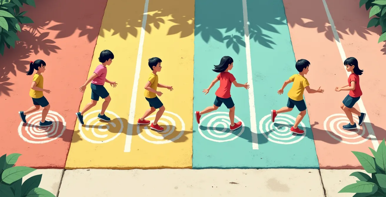 Illustration de différentes variantes de la marelle dans le monde, montrant le jeu escargot, la safe zone anglaise, et des obstacles asiatiques