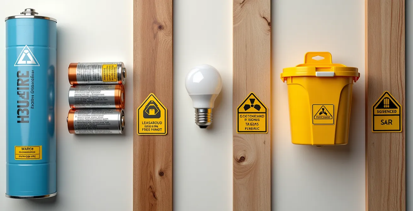 Illustration pédagogique montrant des matériaux toxiques à éviter comme piles, ampoules, bois traité et plastiques toxiques