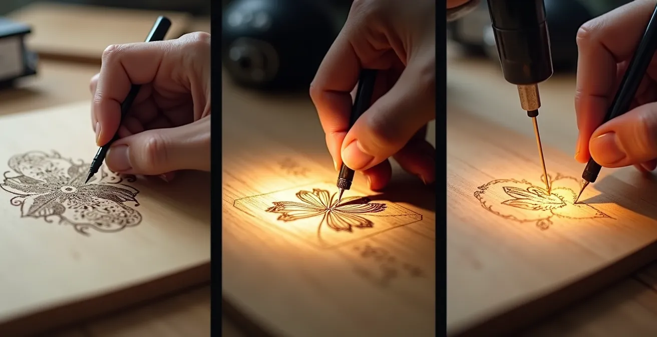 Illustration montrant trois étapes distinctes : transfert au graphite sur calque, projection lumineuse sur bois, et dessin par pyrograveur basse température