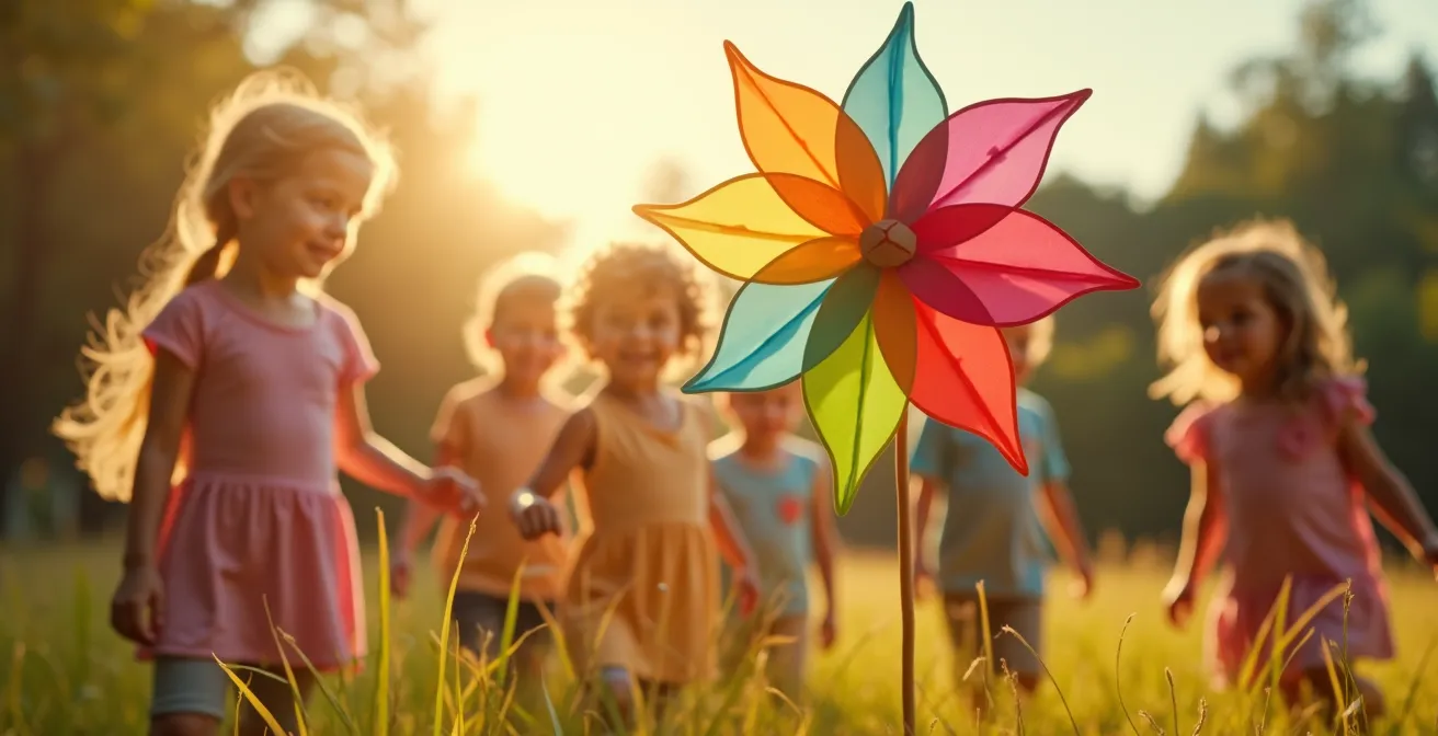 Un moulin à vent en papier coloré tournant en plein air avec des enfants qui observent joyeusement