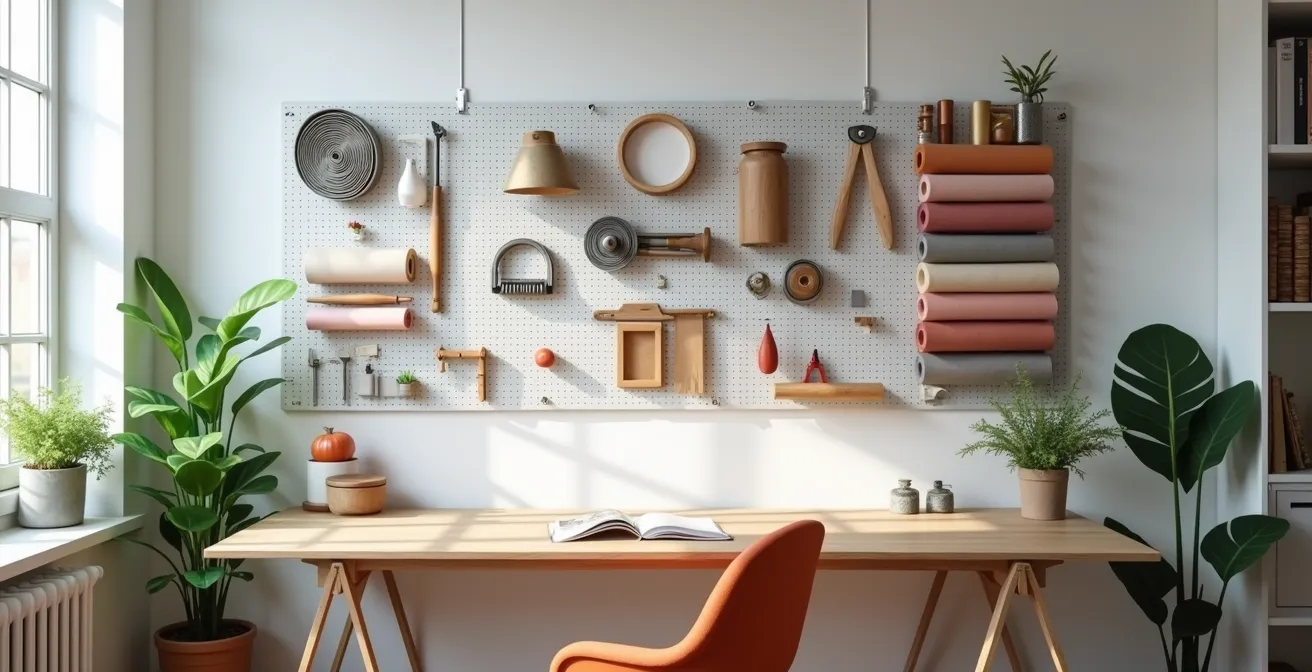 Un mur équipé d'un panneau perforé (pegboard) avec outils suspendus, maximisant l'espace vertical dans un petit appartement.