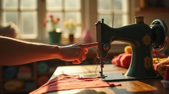 Une main hésitante s'approche d'une machine à coudre ancienne, avec un fil rouge tendu vers l'aiguille, dans un atelier lumineux rempli de tissus colorés.