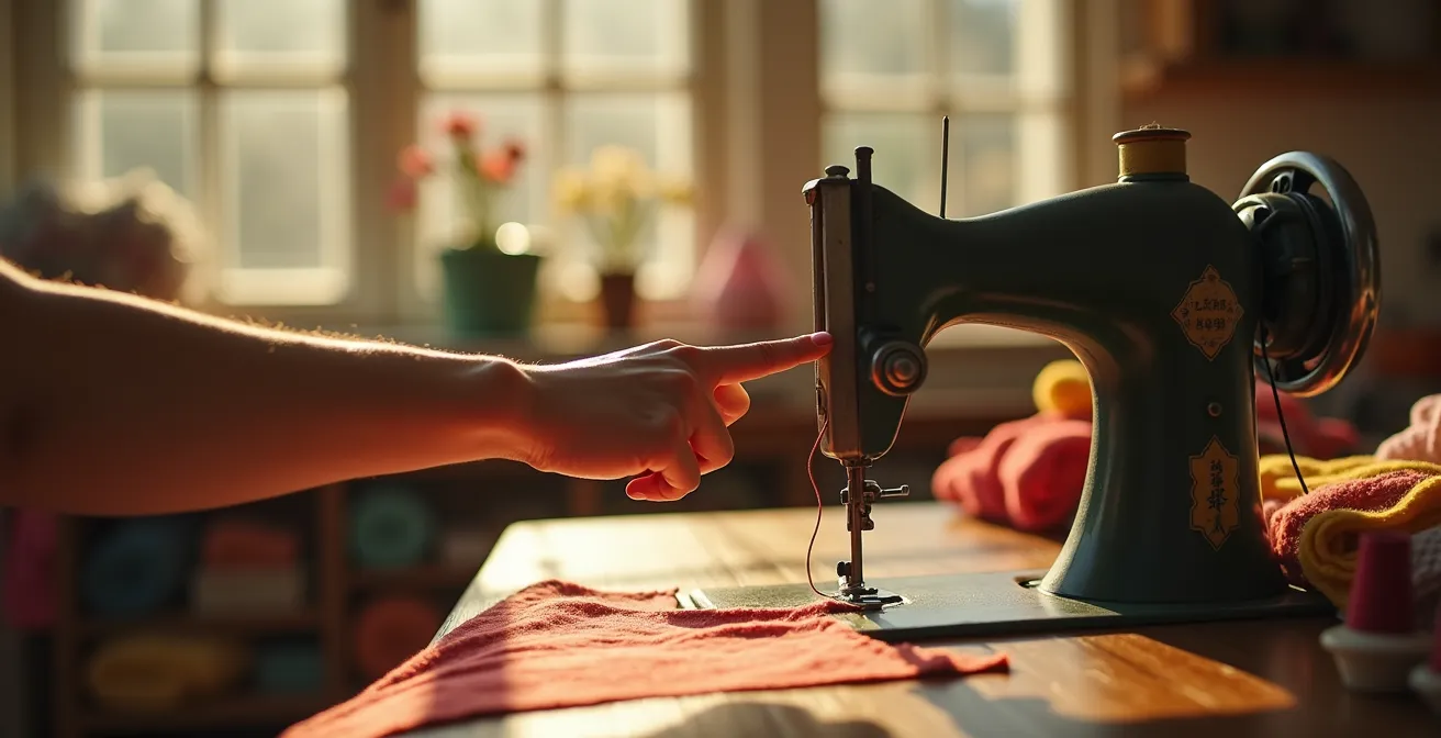 Une main hésitante s'approche d'une machine à coudre ancienne, avec un fil rouge tendu vers l'aiguille, dans un atelier lumineux rempli de tissus colorés.