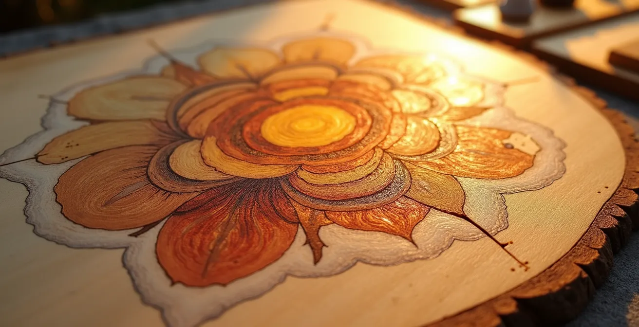 Œuvre artistique combinant pyrogravure et touches délicates d'aquarelle sur bois