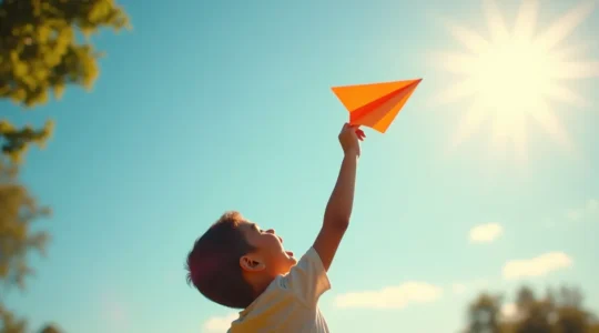 Un enfant lançant un avion en papier dans un ciel clair, avec des flux d'air visibles symboliquement illustrés autour de l'avion
