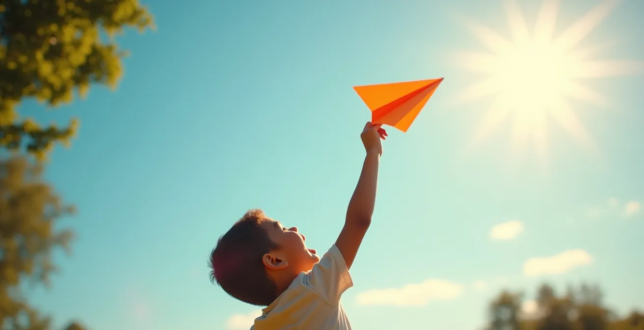 Un enfant lançant un avion en papier dans un ciel clair, avec des flux d'air visibles symboliquement illustrés autour de l'avion