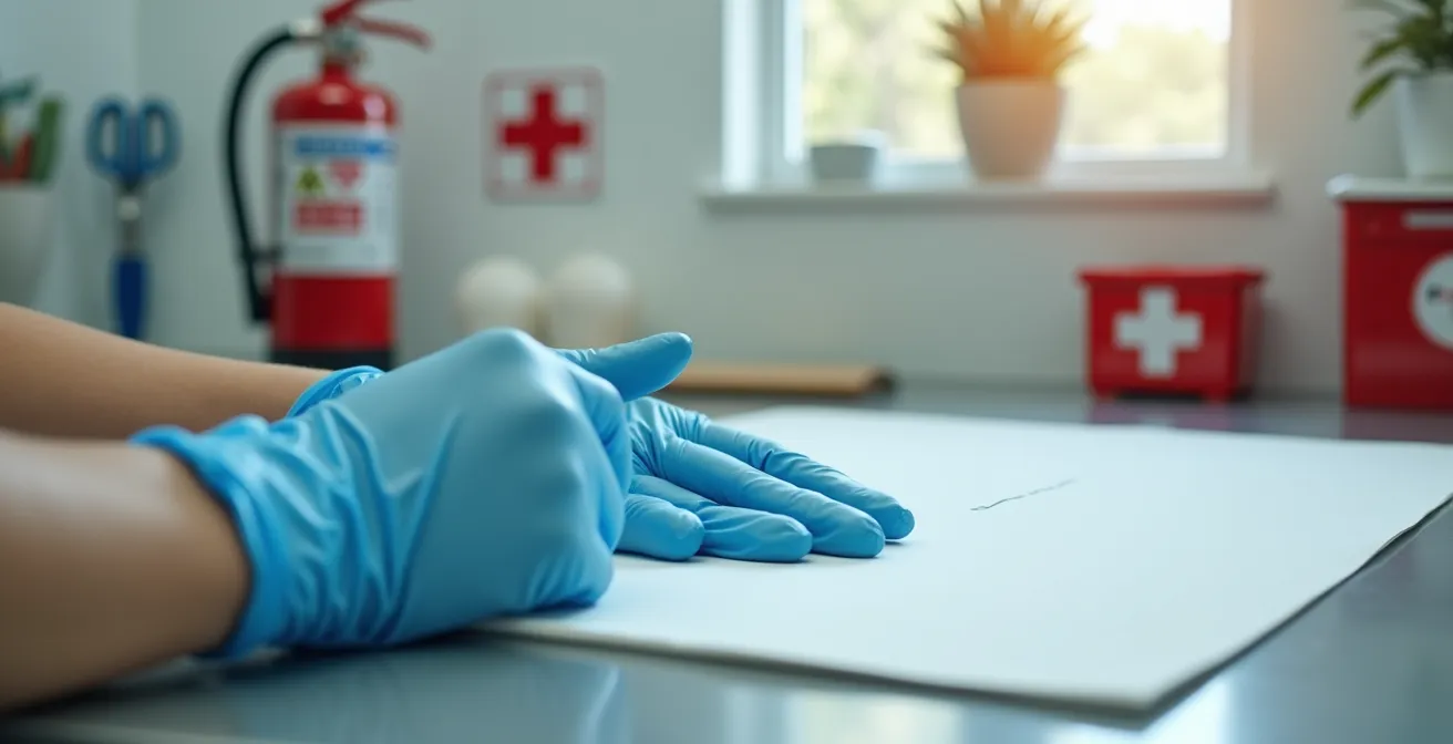 Une main tenant un gant de protection posée sur une table de travail bien rangée, avec des outils sécurisés et des pictogrammes de sécurité visibles en arrière-plan, illustrant un environnement de création sûr.