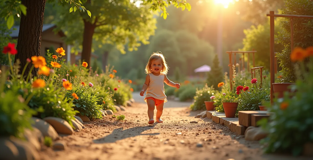 Un sentier sensoriel coloré et varié dans un jardin avec un enfant qui marche pieds nus, explorant différentes textures et éléments sensoriels