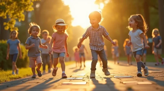 Enfants jouant à la marelle et à la chasse au trésor avec éléments symbolisant leurs futurs métiers, dans un style joyeux et éducatif