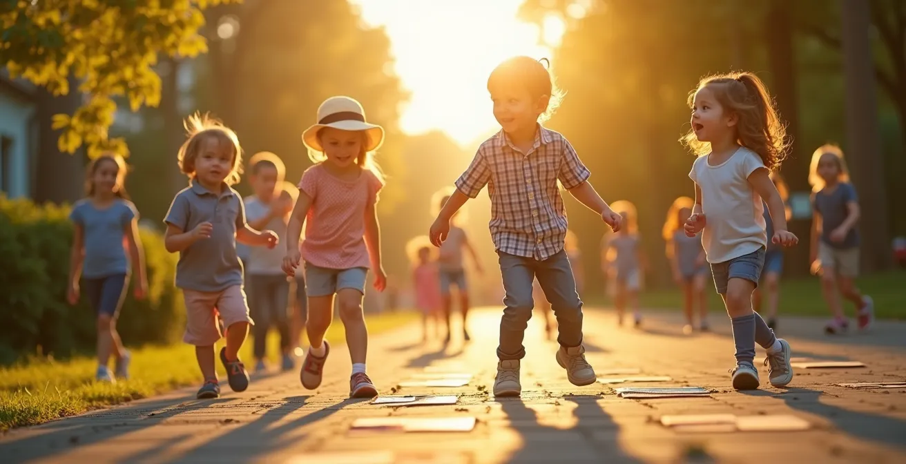 Enfants jouant à la marelle et à la chasse au trésor avec éléments symbolisant leurs futurs métiers, dans un style joyeux et éducatif