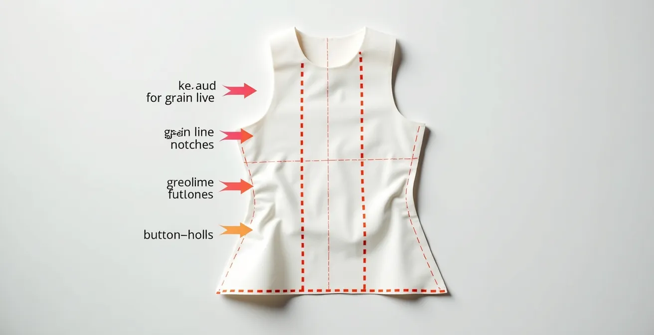 Un plan de couture agrandi avec des flèches colorées pointant vers les symboles clés comme le droit-fil, les crans et les boutonnières, avec des légendes explicatives.