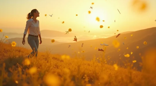Une personne en plein air, explorant un paysage naturel avec des éléments symboliques de loisirs variés autour d'elle.