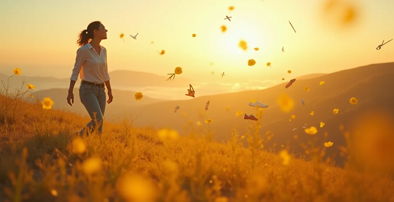 Une personne en plein air, explorant un paysage naturel avec des éléments symboliques de loisirs variés autour d'elle.