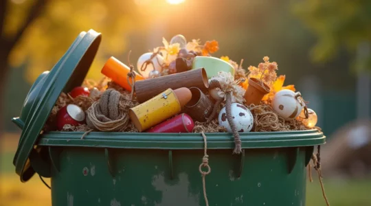 Illustration symbolique d'une poubelle ouverte débordant de matériaux recyclés transformés en objets d'art et créations variées