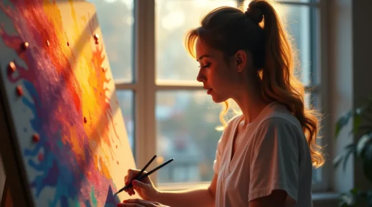 Une scène symbolique montrant un artiste dessinant librement avec une explosion de couleurs et formes autour, illustrant l'expression d'une voix artistique unique.