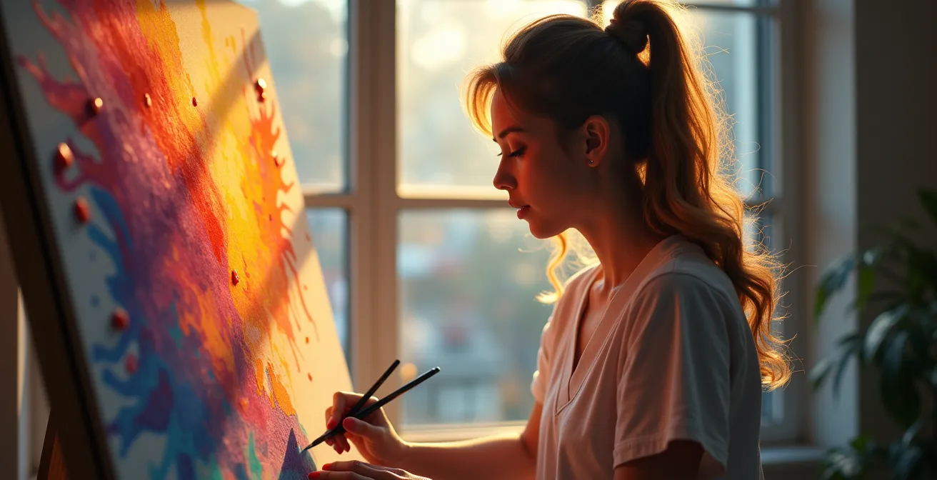 Une scène symbolique montrant un artiste dessinant librement avec une explosion de couleurs et formes autour, illustrant l'expression d'une voix artistique unique.