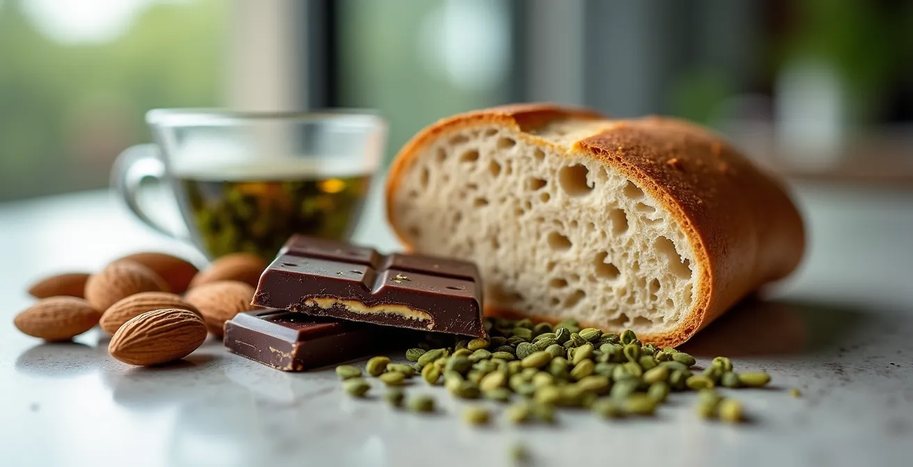 Composition d'aliments sains pour le cerveau sur un bureau avec amandes et chocolat noir