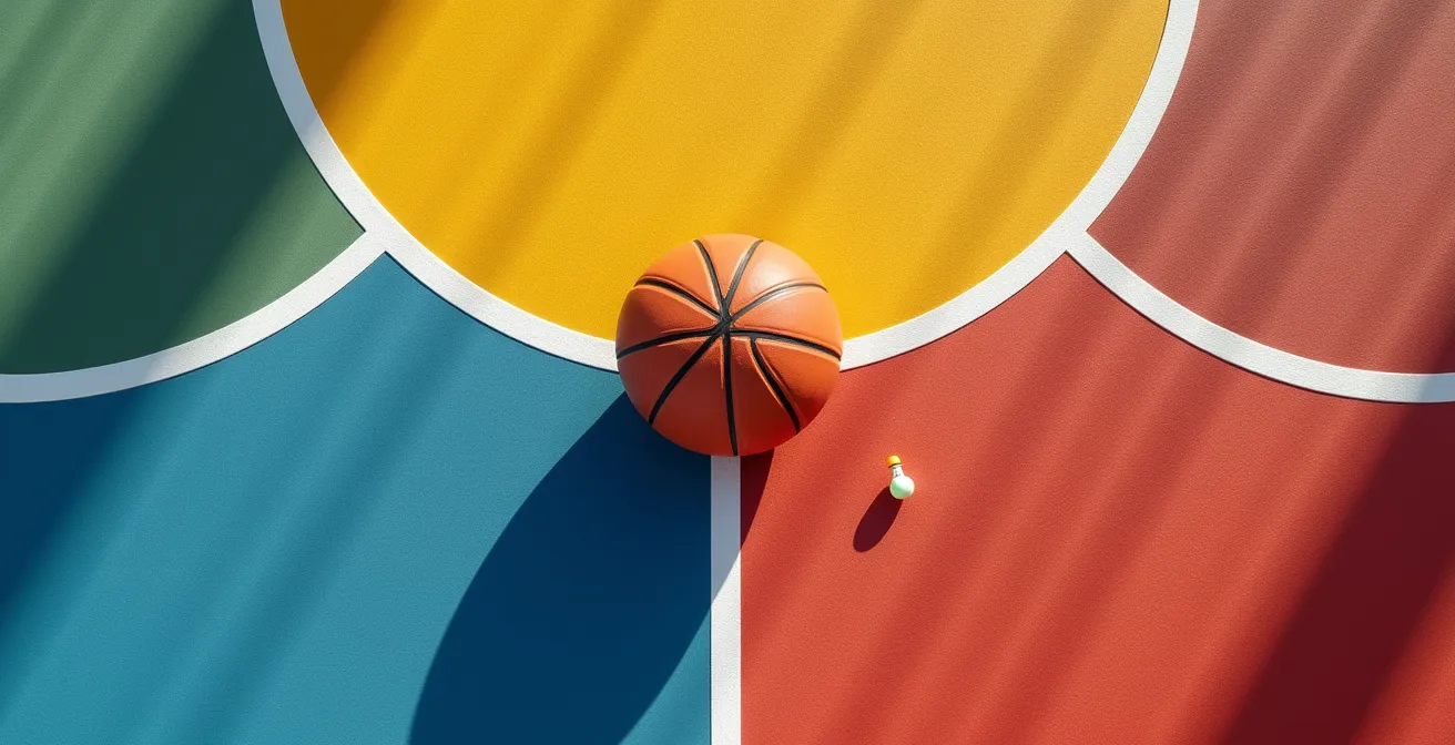 Plan d'aménagement d'un terrain multisports montrant les zones de basket, football et badminton