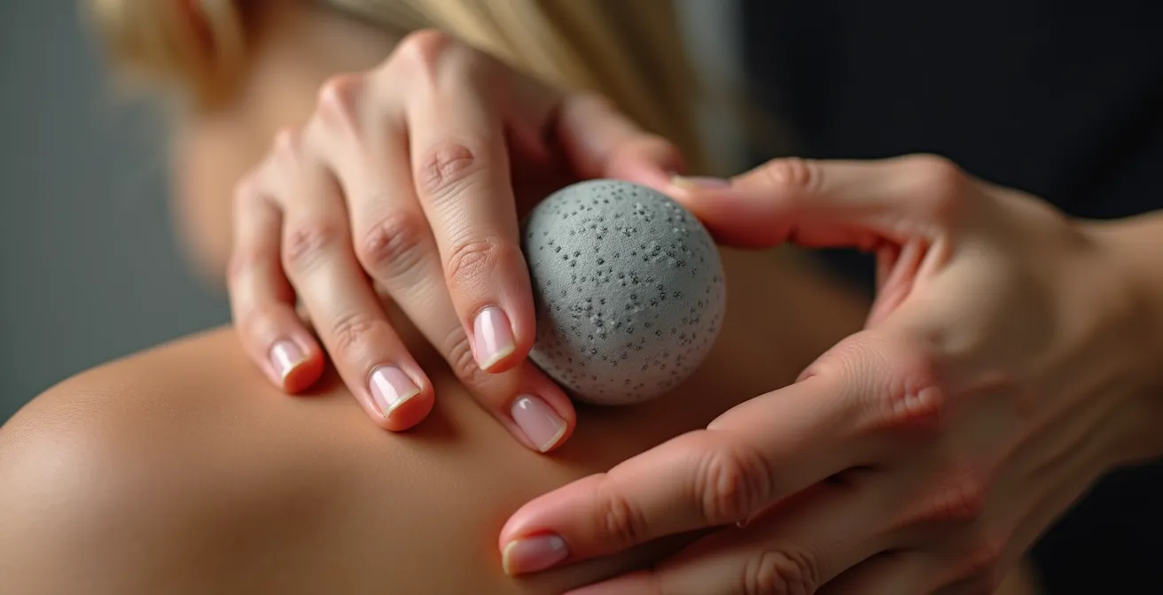 Détail macro d'une main utilisant une balle texturée sur les muscles du dos