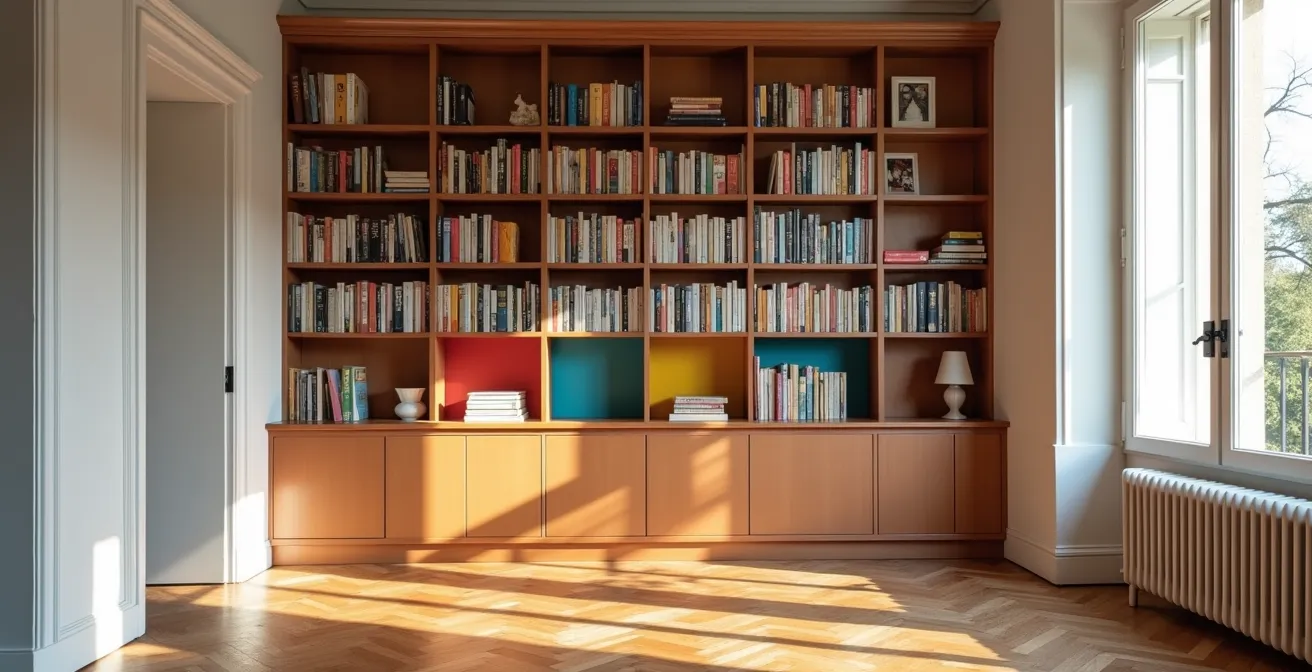 Bibliothèque personnelle avec différentes sections de genres littéraires organisées, ambiance chaleureuse française