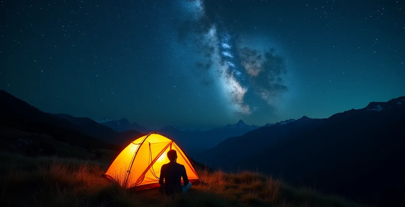 Tente illuminée de l'intérieur sous un ciel étoilé dans un alpage de montagne