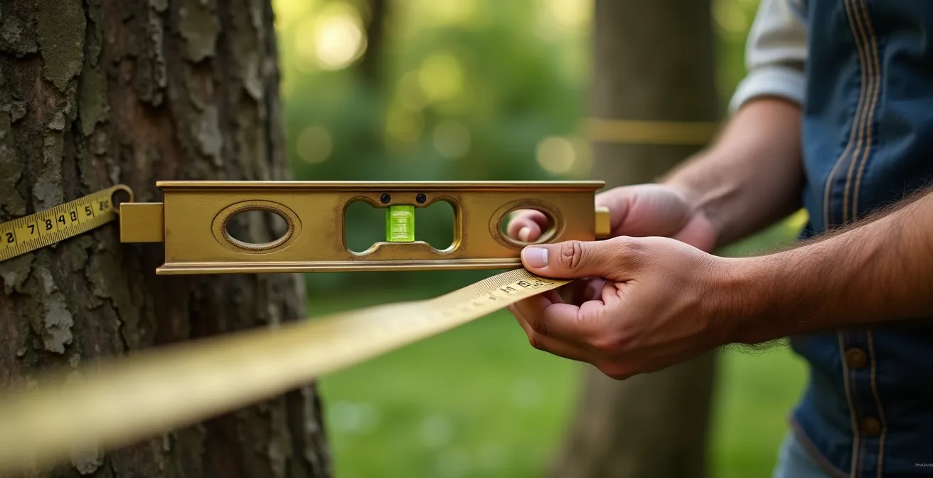 Mesure de la pente d'un terrain pour installation de tyrolienne avec niveau à bulle