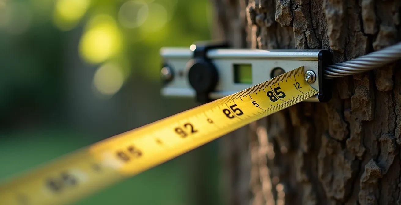 Schéma technique montrant le calcul de pente d'une tyrolienne avec angle et mesures