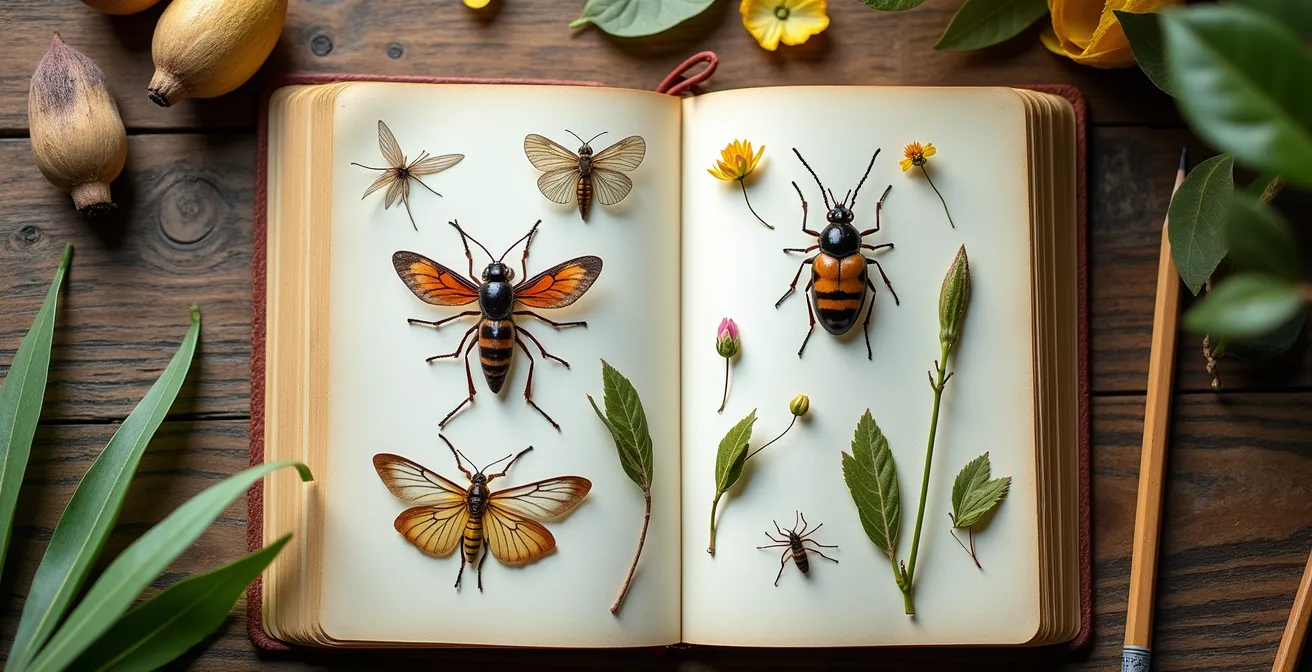 Carnet d'observation ouvert avec croquis d'insectes et feuilles pressées dans un jardin français