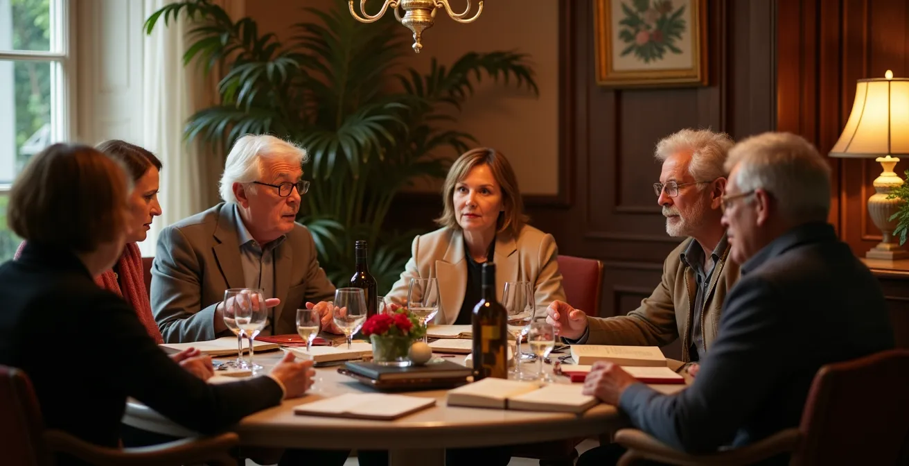 Groupe de personnes en discussion animée dans un salon, livres posés sur table basse, ambiance conviviale