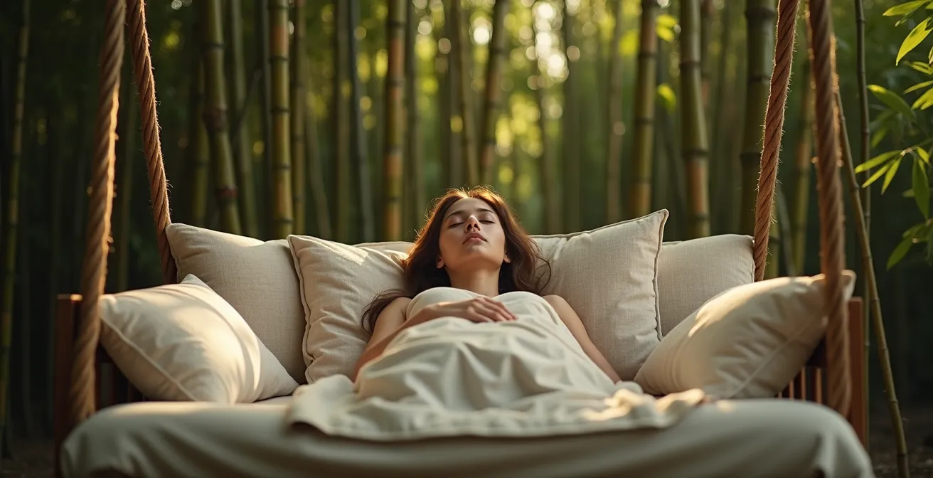 Coin détente intime dans un jardin avec hamac suspendu entre deux arbres, entouré de bambous créant une barrière naturelle