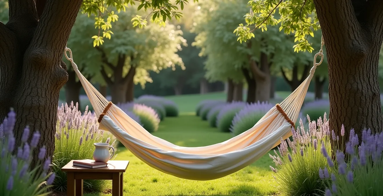 Espace de détente intime dans un jardin avec hamac suspendu entre deux arbres et végétation luxuriante