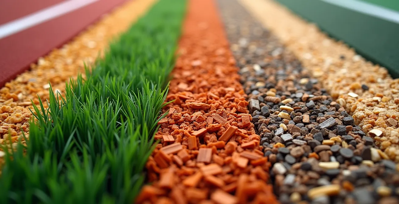 Échantillons de différents revêtements de sol pour piste de course disposés côte à côte