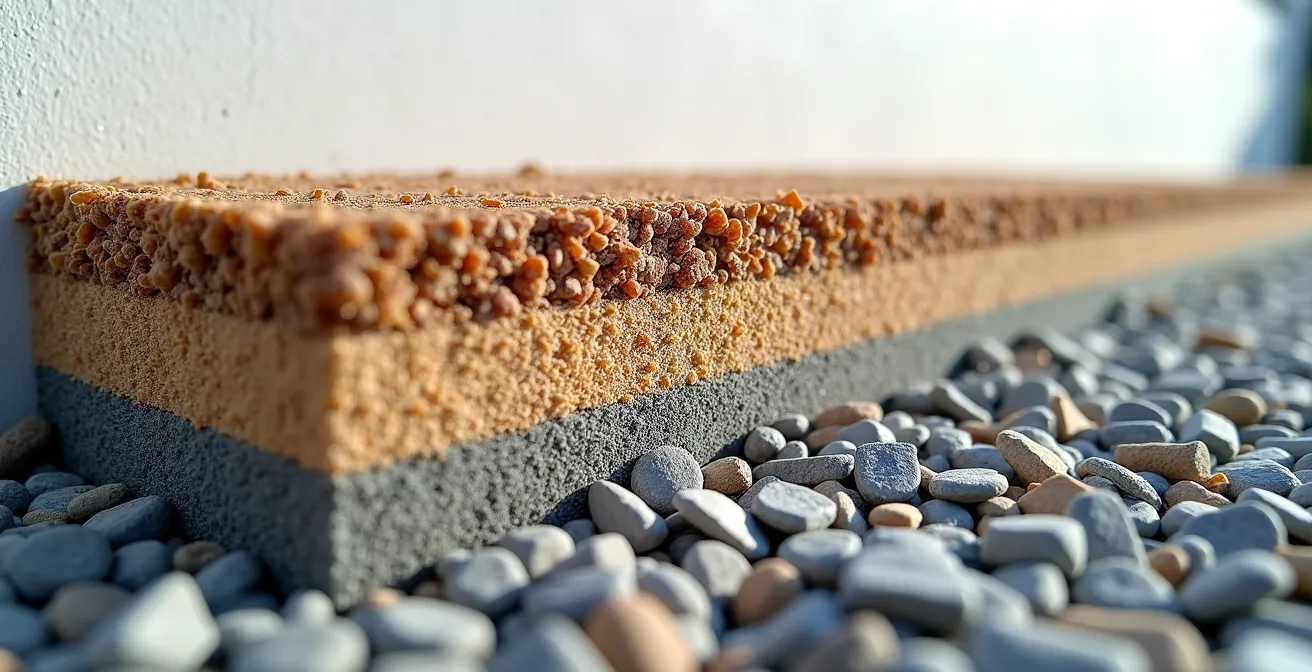 Coupe technique montrant les différentes couches de drainage d'une piste de jardin