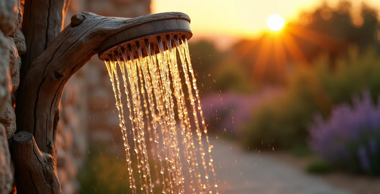 Douche de jardin extérieure en bois et pierre naturelle installée dans un écrin de verdure