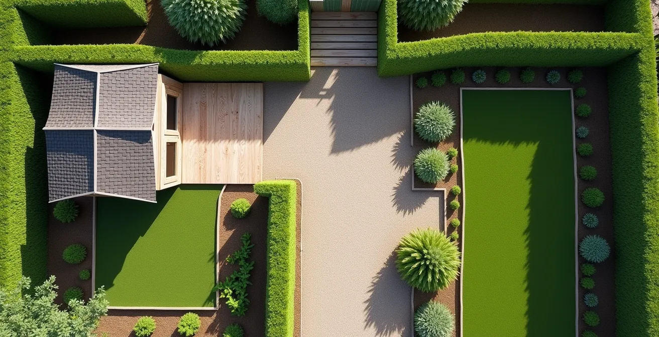 Vue aérienne d'un jardin français montrant les distances réglementaires pour l'implantation d'une cabane