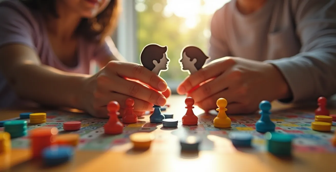 Enfant exprimant différentes émotions pendant un jeu de société avec ses parents