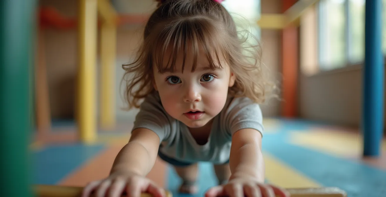 Portrait rapproché d'un enfant concentré traversant une poutre d'équilibre