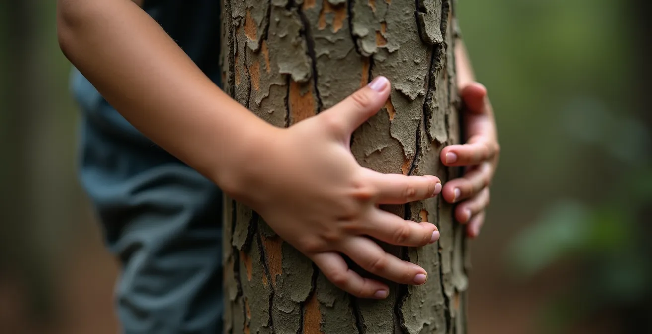 Groupe d'enfants explorant un sous-bois, grimpant sur des troncs d'arbres tombés