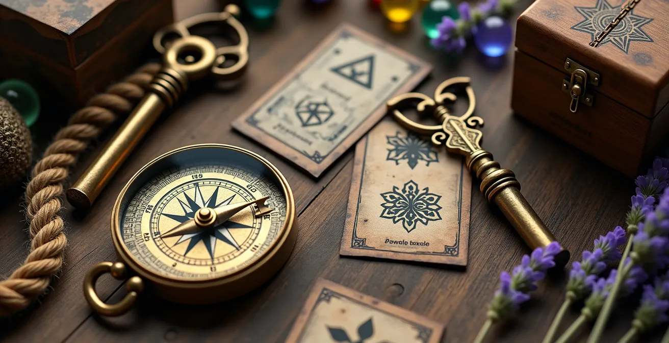 Collection d'objets mystérieux et d'indices créatifs disposés sur une table en bois pour une chasse au trésor