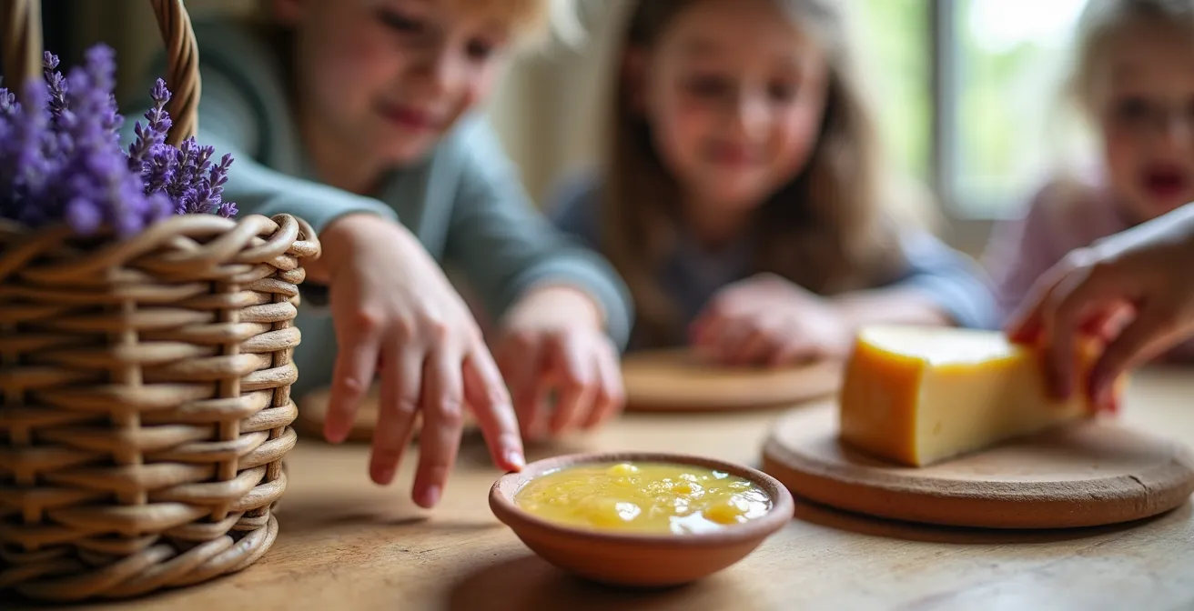Enfants découvrant des indices sensoriels avec produits du terroir français