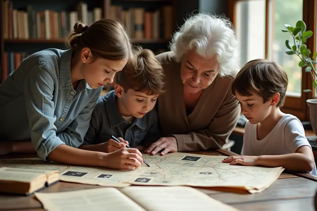 Une famille de trois générations explorant ensemble des archives et documents familiaux sur une grande table