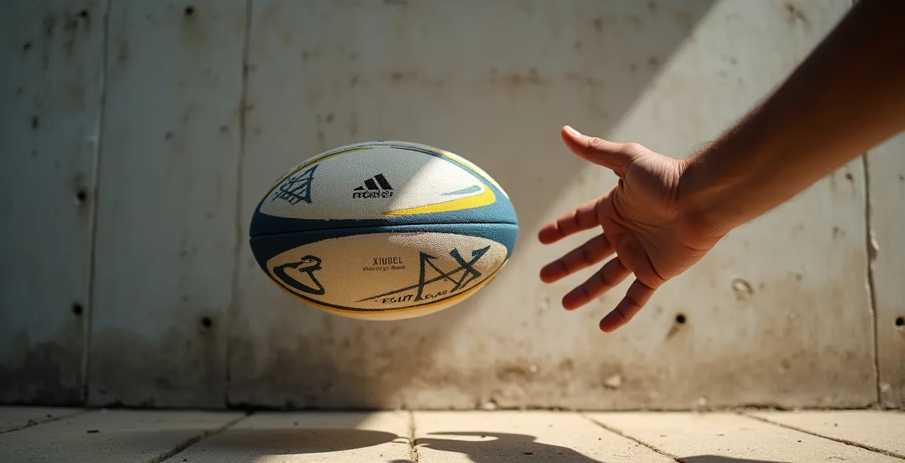Sportif attrapant une balle de rugby en plein rebond sur un fronton de pelote basque