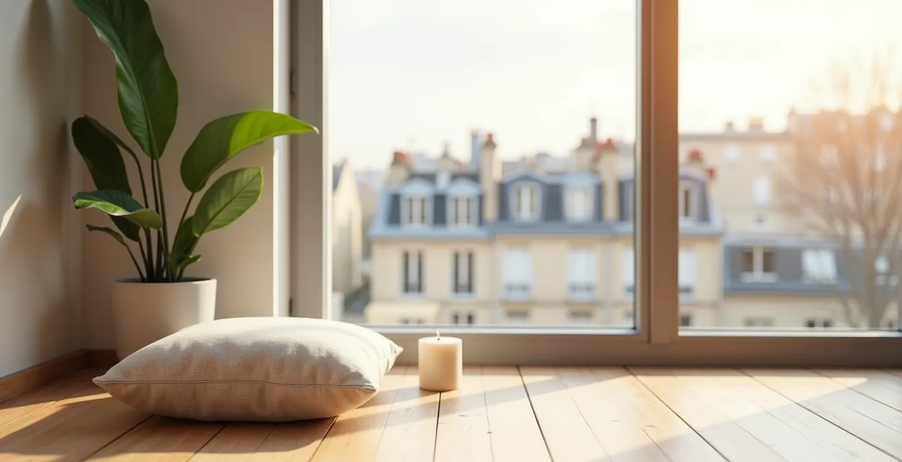 Espace de méditation épuré dans un appartement français moderne avec vue sur la ville